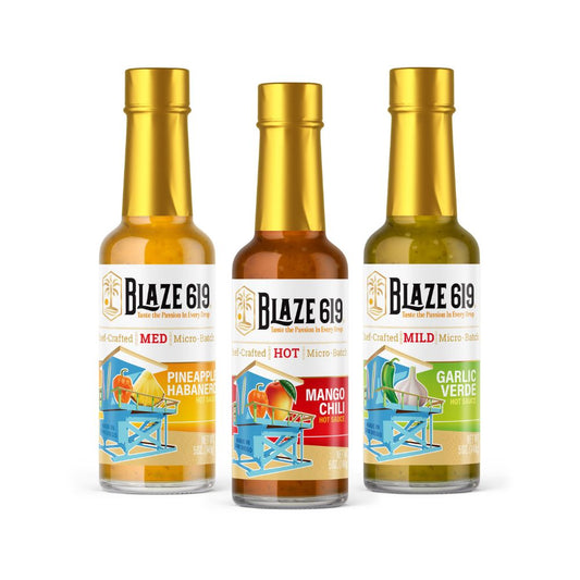 BLAZE 619 The 3 Amigos Box 5oz (all three flavors) Pineapple Habanero, Mango Chili, and our new Garlic Verde