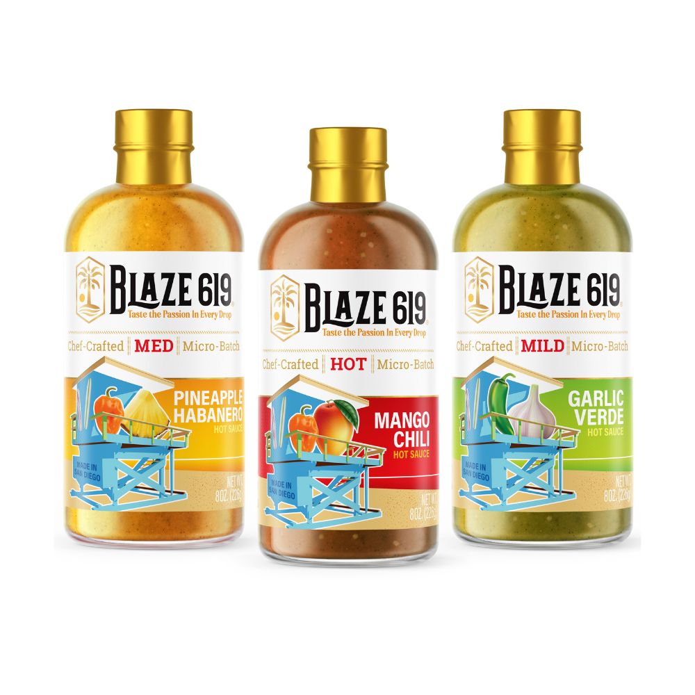 BLAZE 619 The 3 Amigos Box 8oz (all three flavors) Pineapple Habanero, Mango Chili, and our new Garlic Verde