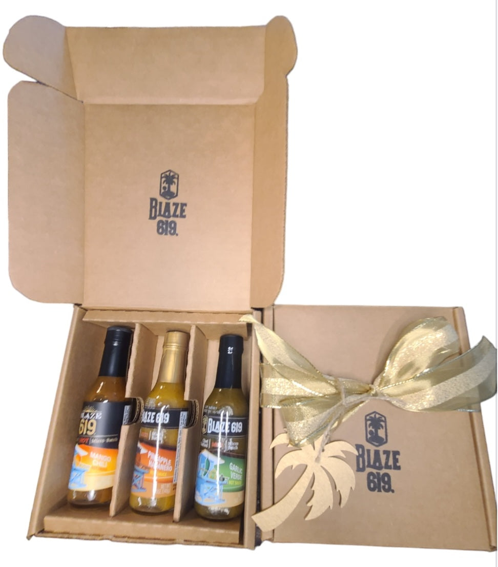 The 3 Amigos Box (all three flavors) Pineapple Habanero, Mango Chili, and our new Garlic Verde